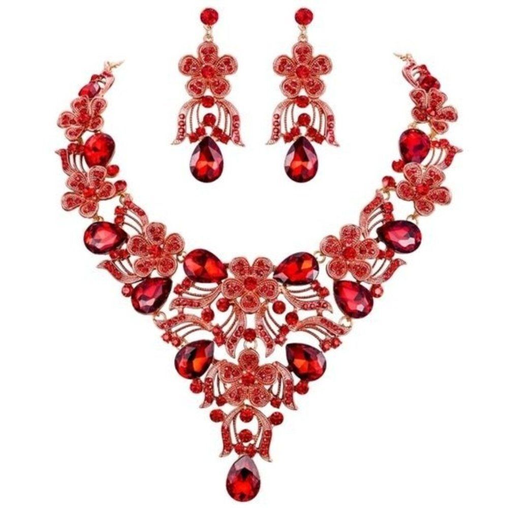 Yellow Gold and Ruby Red Austrian Crystal Floral Necklace and Earrings Set